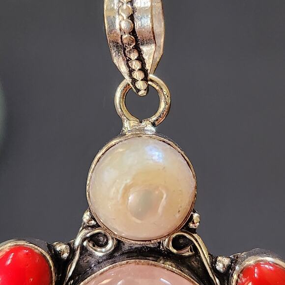 Rose Quartz & Pearl Sterling Silver Pendant Necklace with Red Jasper - Picture 7 of 12